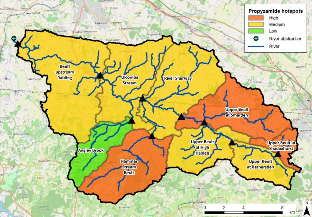 Map showing a monitoring system across the River Beult catchment, identifying key pesticides of concern.