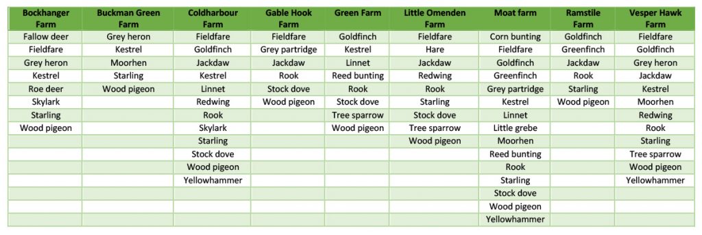 Table showing the recorded species as a result of the farmland wildlife survey